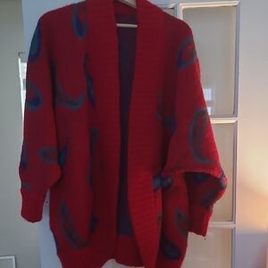 Red Open-Front Women's Cardigan Sweater with Blue Accent